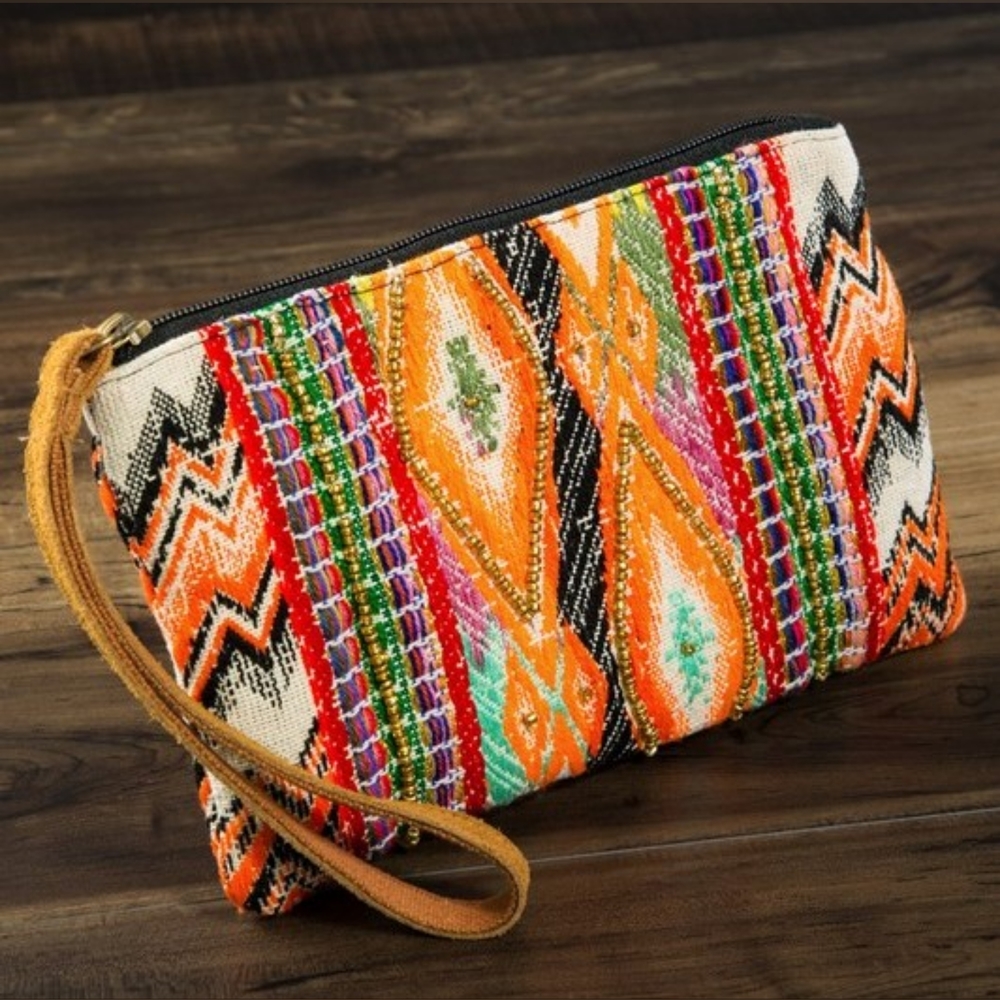Handmade Hand Beaded Wristlet Clutch - Ethnic Inspired Design - Bright Colorful